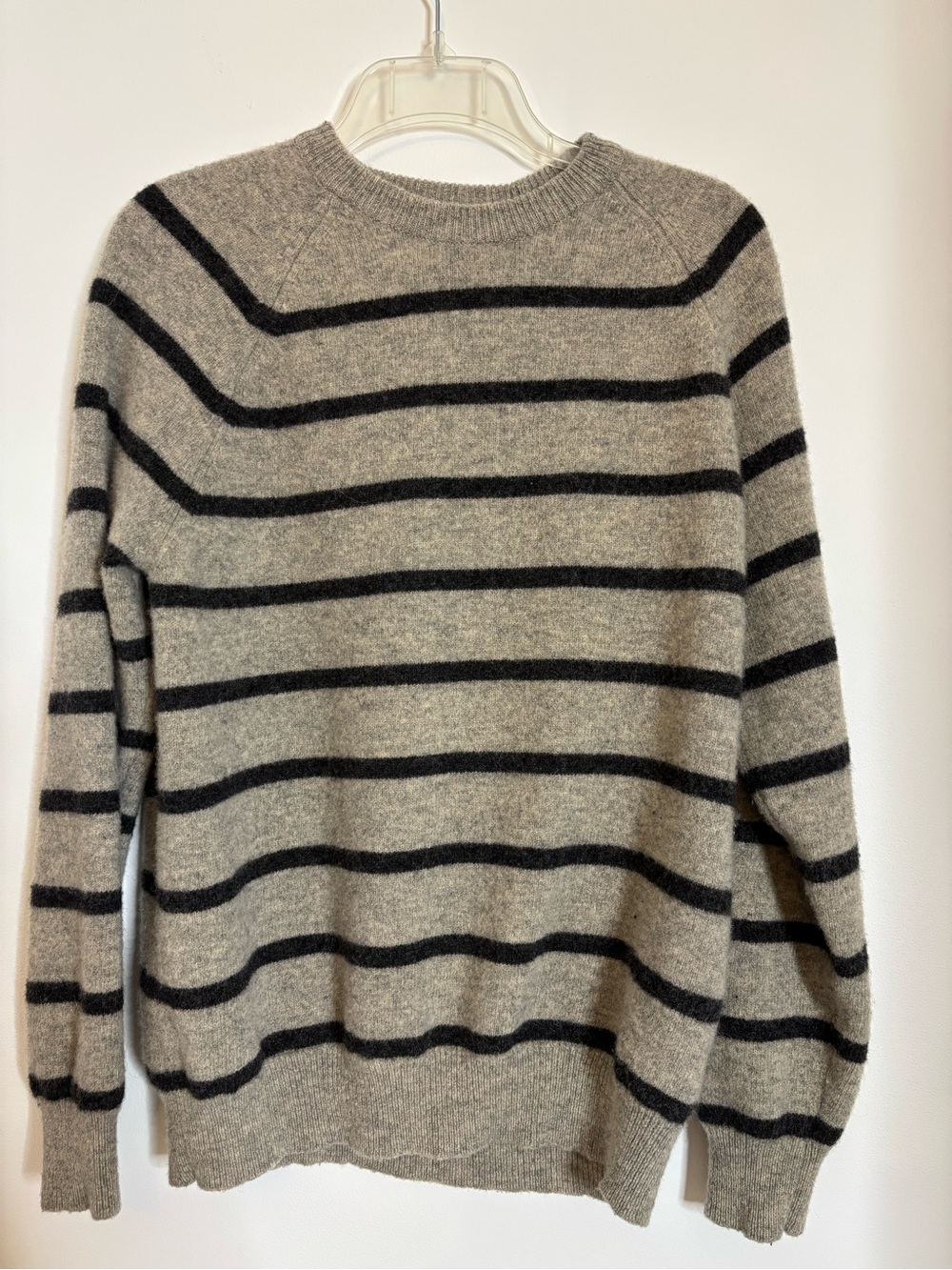 Express Men's 100% Lambs Wool Crewneck Sweater in Gray with Black Stripes